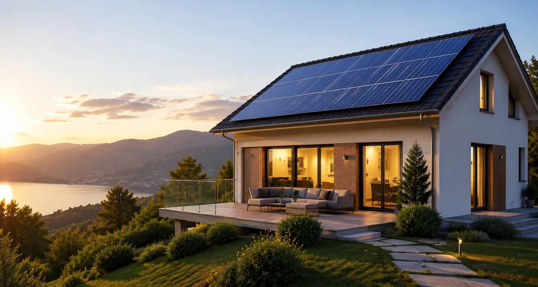 Einfamilienhaus mit Photovoltaikanlage auf dem Dach, Abendstimmung mit Blick auf einen See